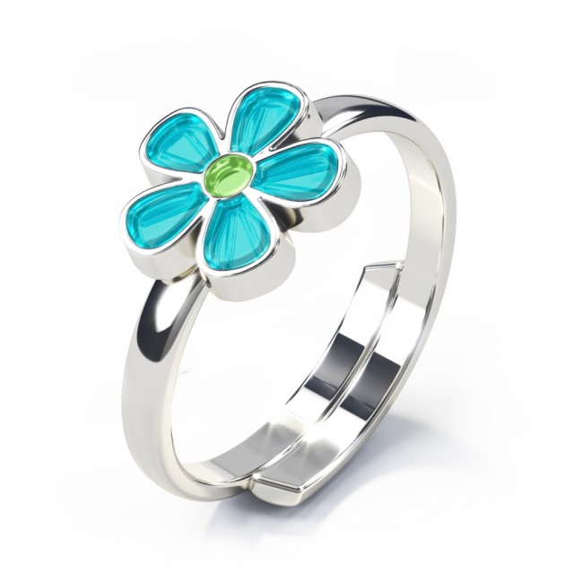 Vakker, regulerbar ring i sølv med turkis blomst.