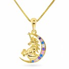 Unicorn og måne i forgylt sølv med farget cubic zirconia thumbnail
