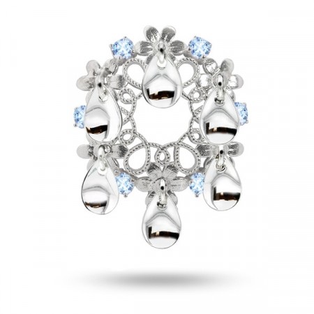 Blomster-sølje, rhodinert med lysblå cz og dråpeformede løv