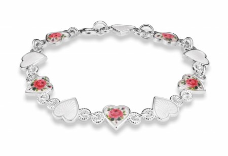 Armbånd sølv - Rosemotiv/hvite hjerter
