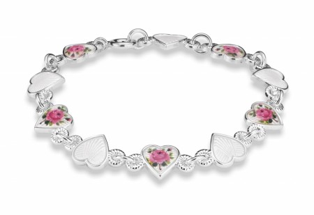 Helarmbånd sølv - Rosemotiv/hvite hjerter