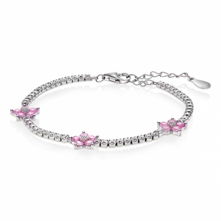 Armbånd i rhodinert sølv med blanke og rosa cubic zirconia