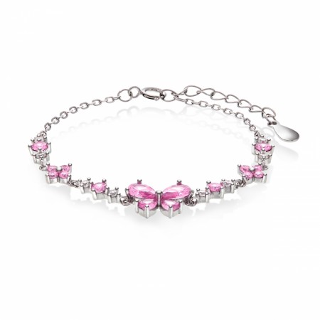 Armbånd i rhodinert sølv, sommerfugl med rosa cubic zirconia