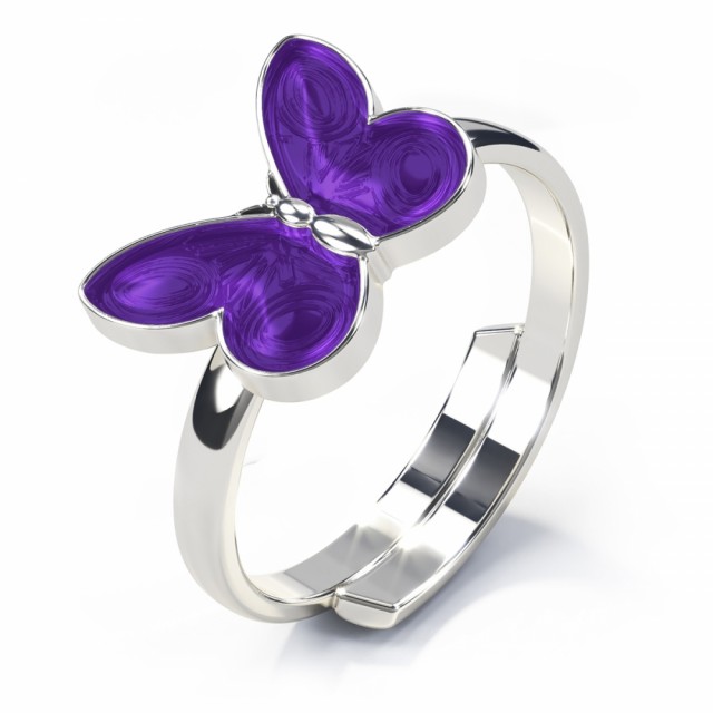 Vakker, regulerbar ring i sølv med lilla sommerfugl.
