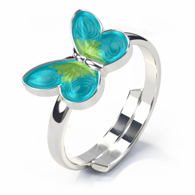Vakker, regulerbar ring i sølv med turkis/lime sommerfugl.