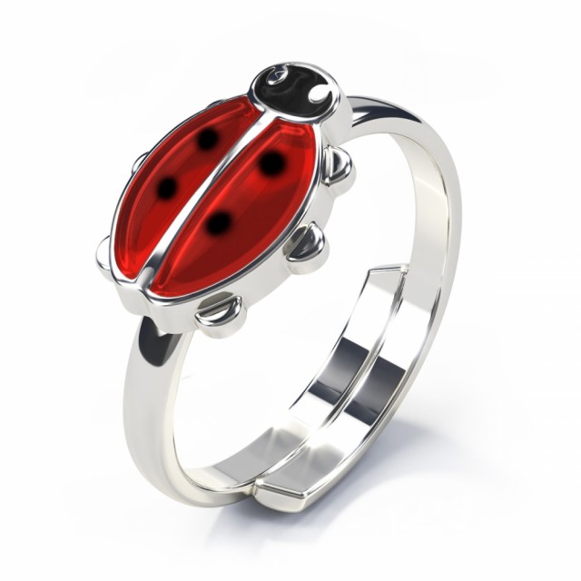 Vakker, regulerbar ring i sølv med rød og svart marihøne.