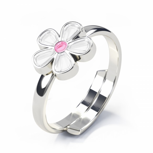 Vakker, regulerbar ring i sølv med hvit blomst.