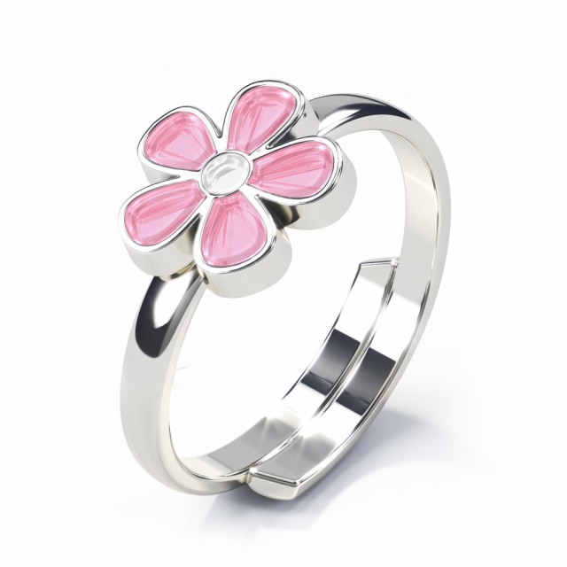 Vakker, regulerbar ring i sølv med rosa blomst.