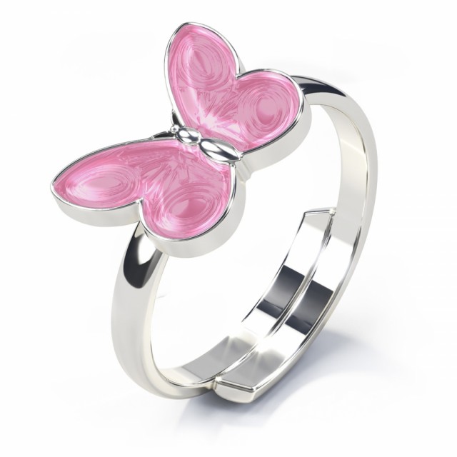 Vakker, regulerbar ring i sølv med rosa sommerfugl.